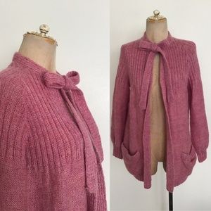 1970’s Raspberry Knit Ascot Bow Cardigan Sweater Size Medium by Maeberry Vintage